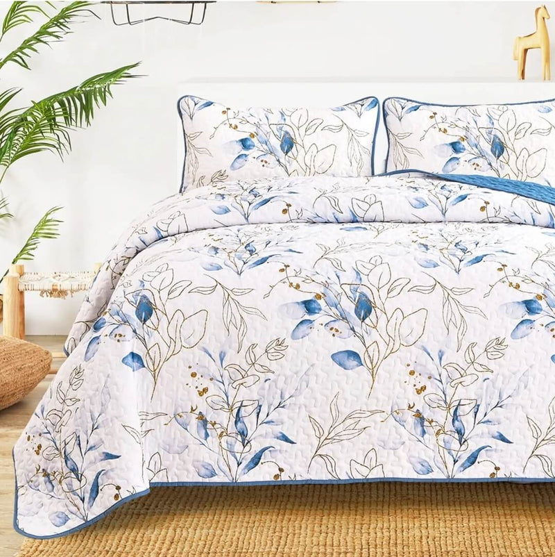 Blue Floral Coverlet Set-Quilted Bedspread Sets (3Pcs)