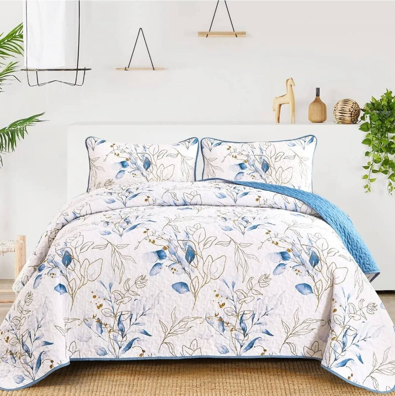 Blue Floral Coverlet Set-Quilted Bedspread Sets (3Pcs)