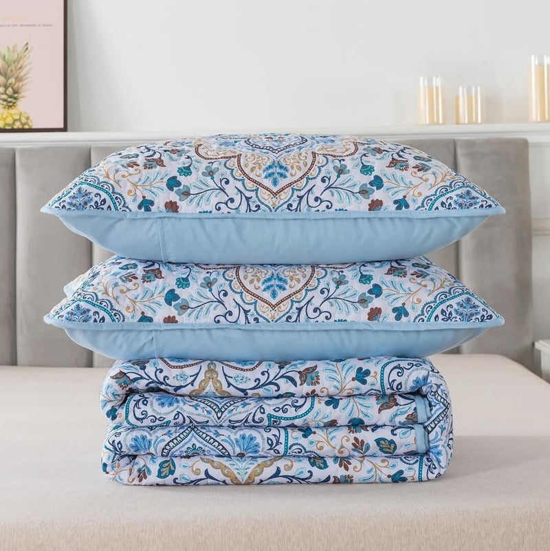 Blue INDIAN Coverlet Set-Floral Quilted Bedspread Sets (3Pcs)