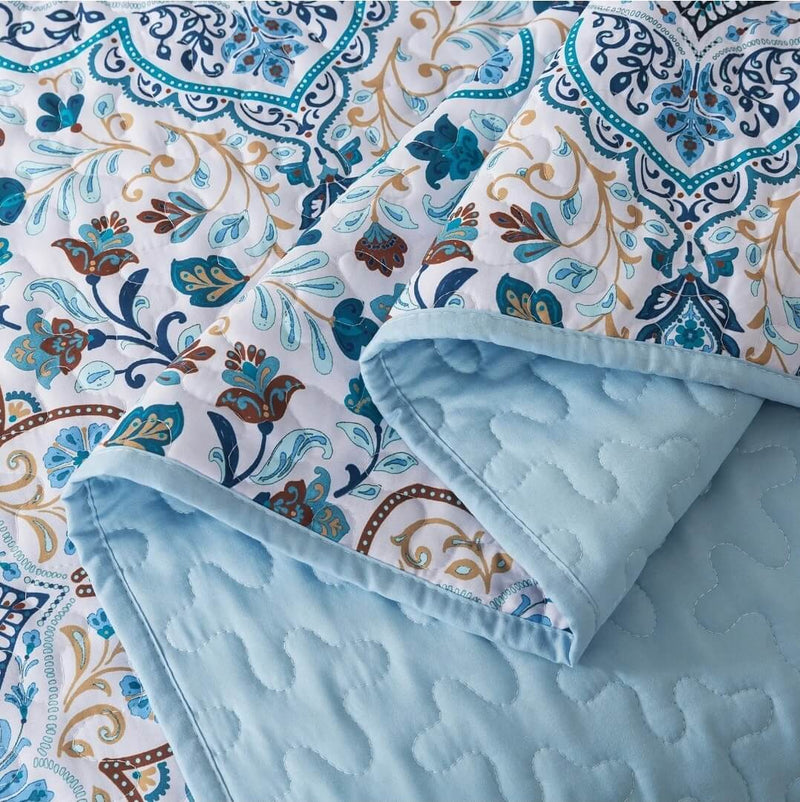 Blue INDIAN Coverlet Set-Floral Quilted Bedspread Sets (3Pcs)