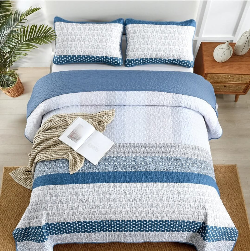2025 Blue Striped Quilted Bedspread Coverlet Sets (3Pcs)