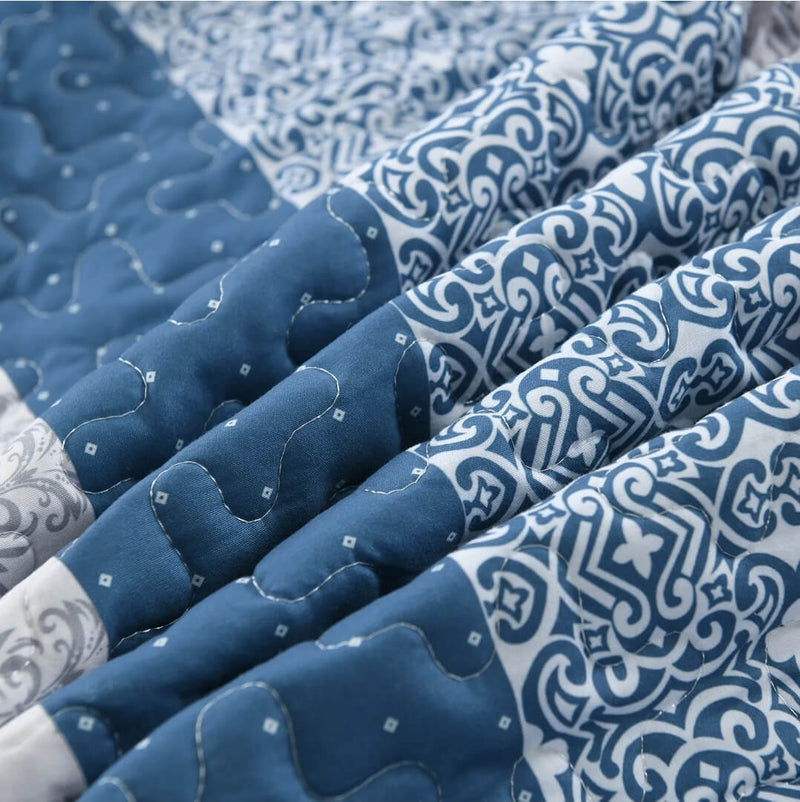 2025 Blue Striped Quilted Bedspread Coverlet Sets (3Pcs)