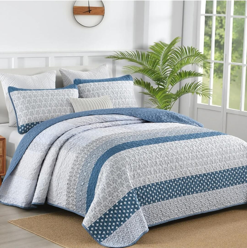 2025 Blue Striped Quilted Bedspread Coverlet Sets (3Pcs)