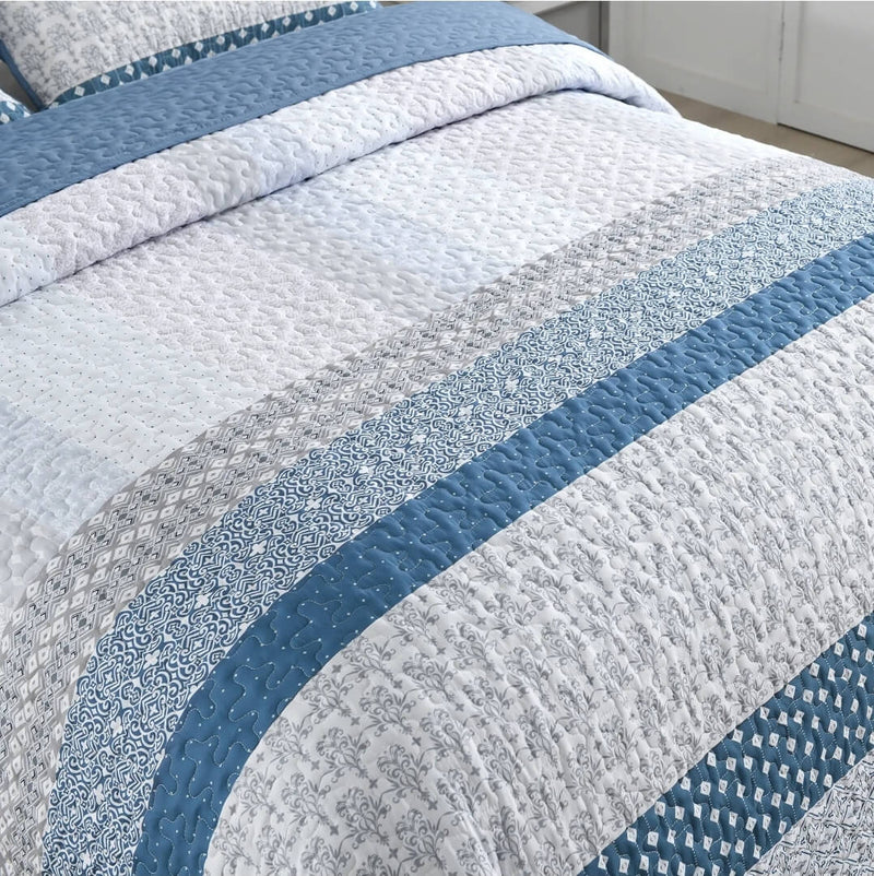 2025 Blue Striped Quilted Bedspread Coverlet Sets (3Pcs)