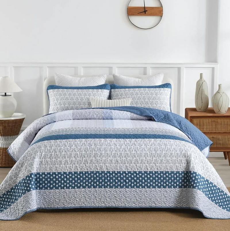 2025 Blue Striped Quilted Bedspread Coverlet Sets (3Pcs)