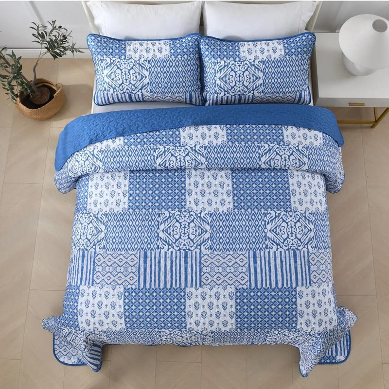 2024 Blue INDIAN Coverlet Set-Quilted Bedspread Set (3Pcs)