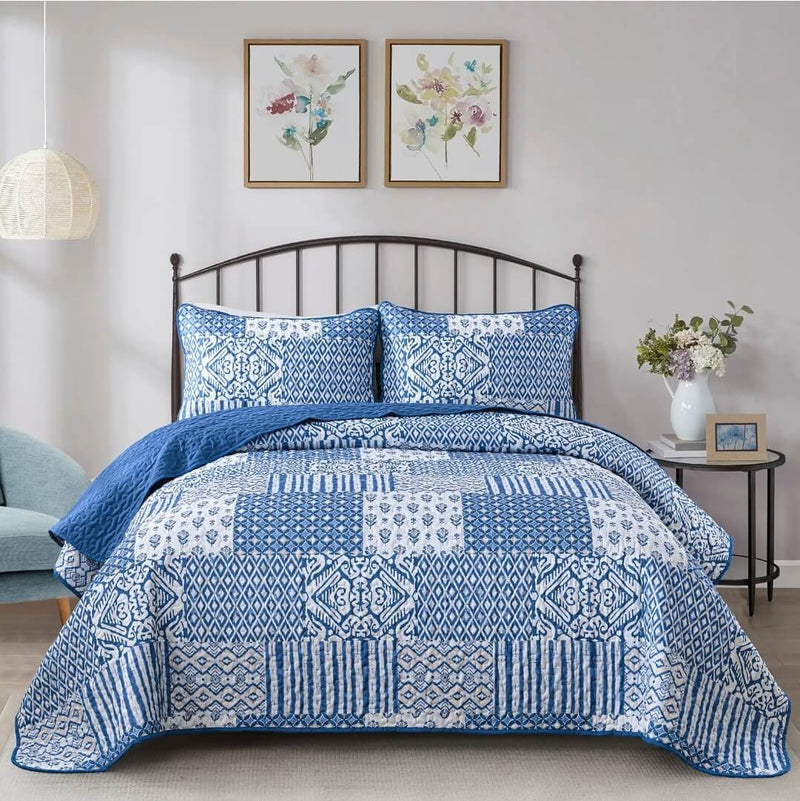 2024 Blue INDIAN Coverlet Set-Quilted Bedspread Set (3Pcs)