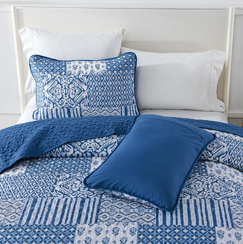 2024 Blue INDIAN Coverlet Set-Quilted Bedspread Set (3Pcs)