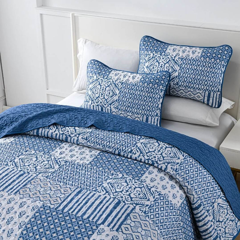 2024 Blue INDIAN Coverlet Set-Quilted Bedspread Set (3Pcs)