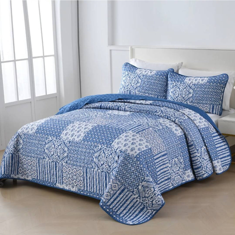 2024 Blue INDIAN Coverlet Set-Quilted Bedspread Set (3Pcs)