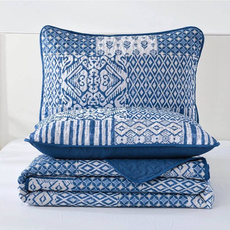 2024 Blue INDIAN Coverlet Set-Quilted Bedspread Set (3Pcs)