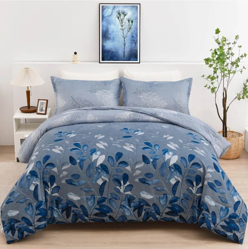 Blue Floral Quilted 3 Piece Comforter Set