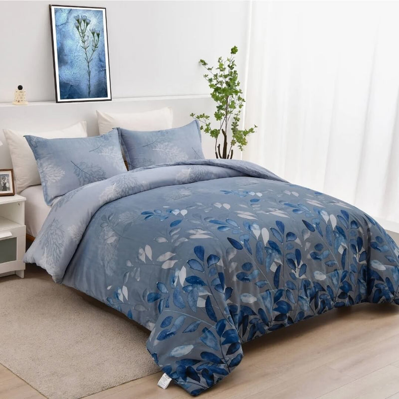 Blue Floral Quilted 3 Piece Comforter Set