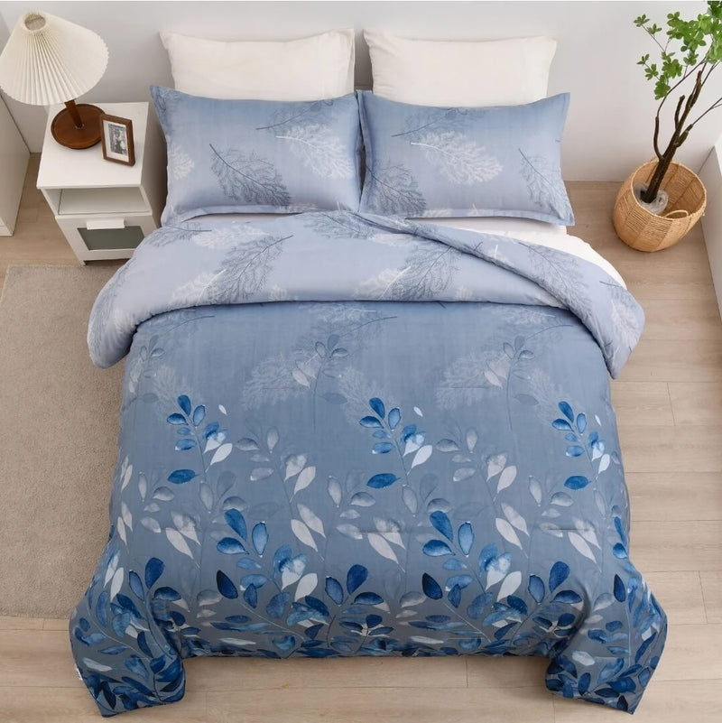Blue Floral Quilted 3 Piece Comforter Set