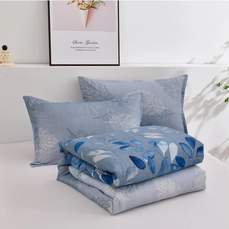 Blue Floral Quilted 3 Piece Comforter Set
