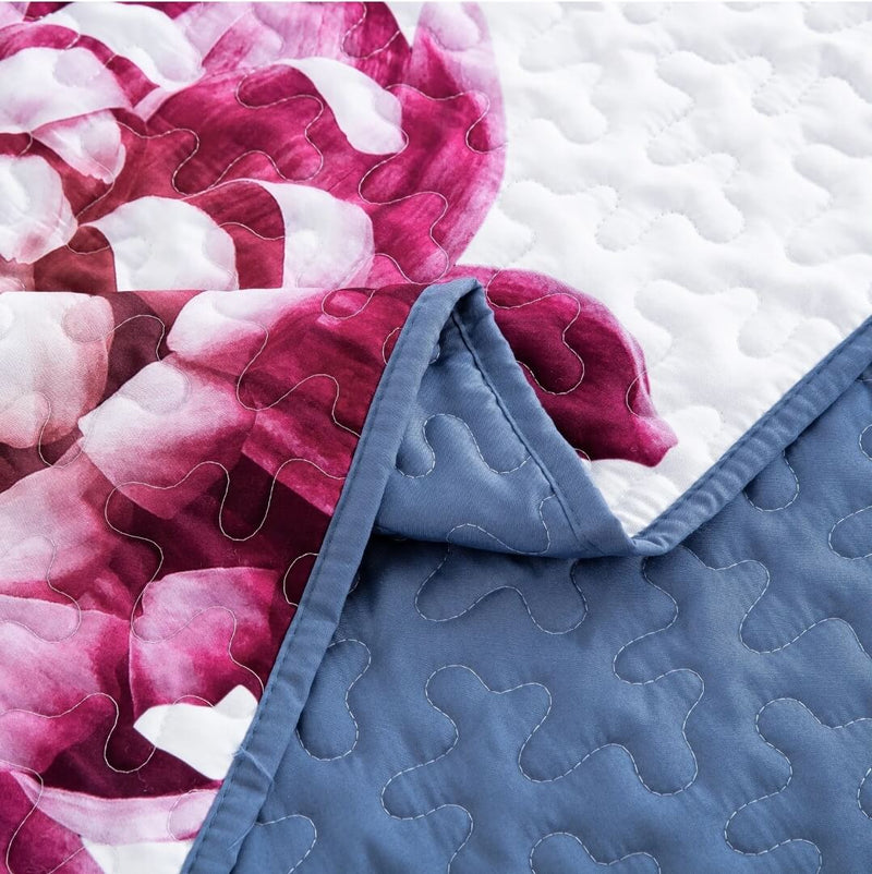 Blue Flower Patchwork Coverlet Set-Quilted Bedspread Sets (3Pcs)