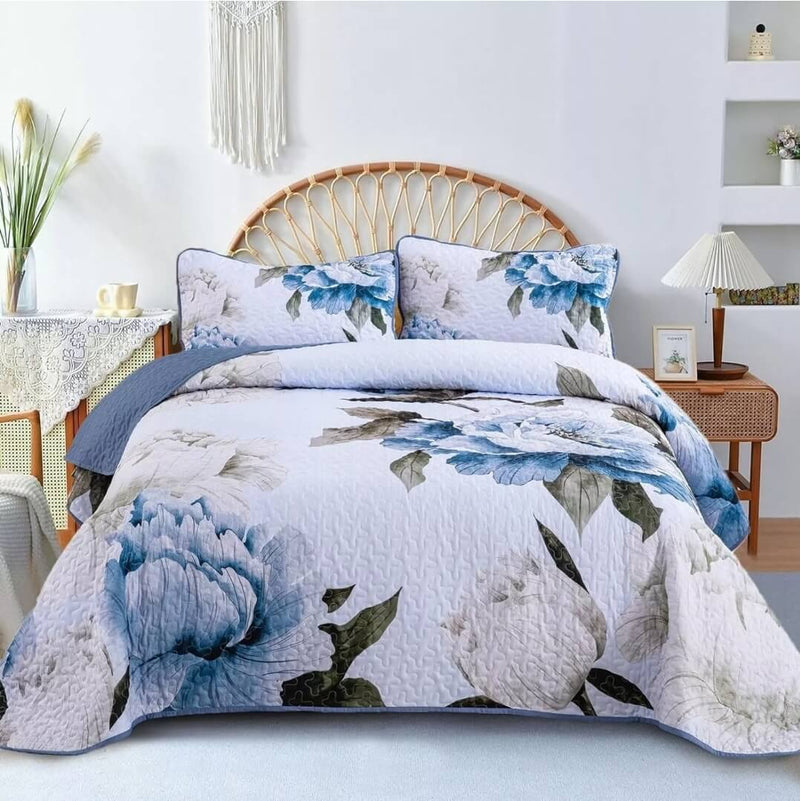 Blue Flower Quilted Bedspread Coverlet Sets (3Pcs)
