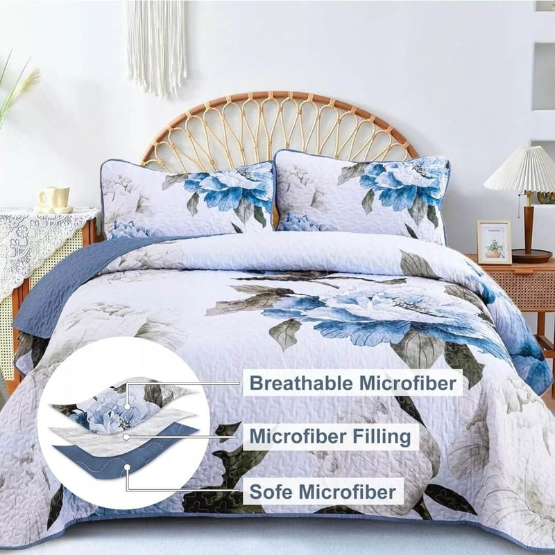 Blue Flower Quilted Bedspread Coverlet Sets (3Pcs)