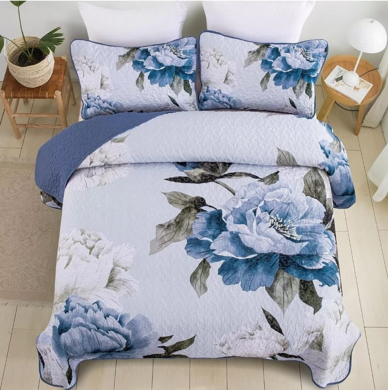 Blue Flower Quilted Bedspread Coverlet Sets (3Pcs)