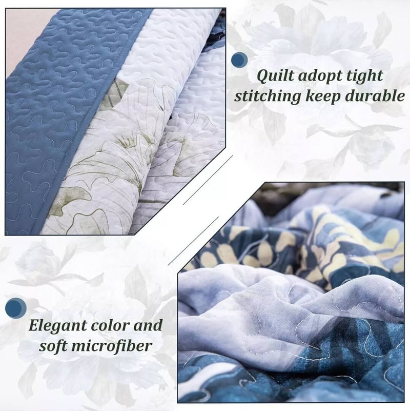 Blue Flower Quilted Bedspread Coverlet Sets (3Pcs)