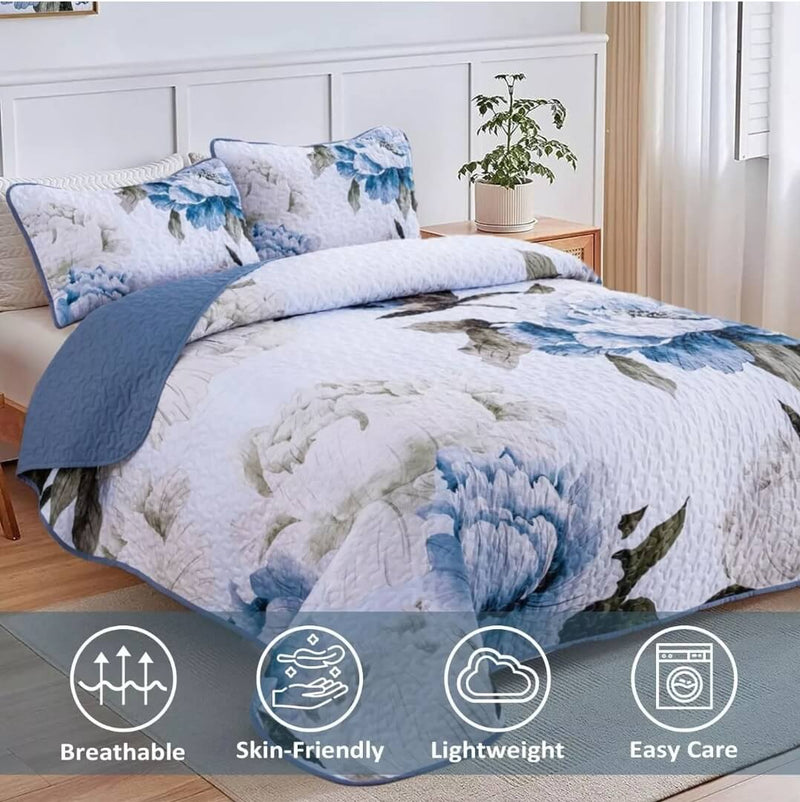 Blue Flower Quilted Bedspread Coverlet Sets (3Pcs)