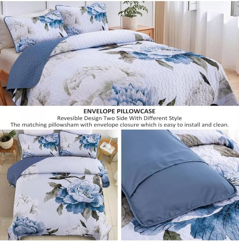 Blue Flower Quilted Bedspread Coverlet Sets (3Pcs)