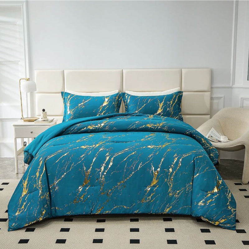 Blue & Gold Comforter Set-Quilt Set (3Pcs)