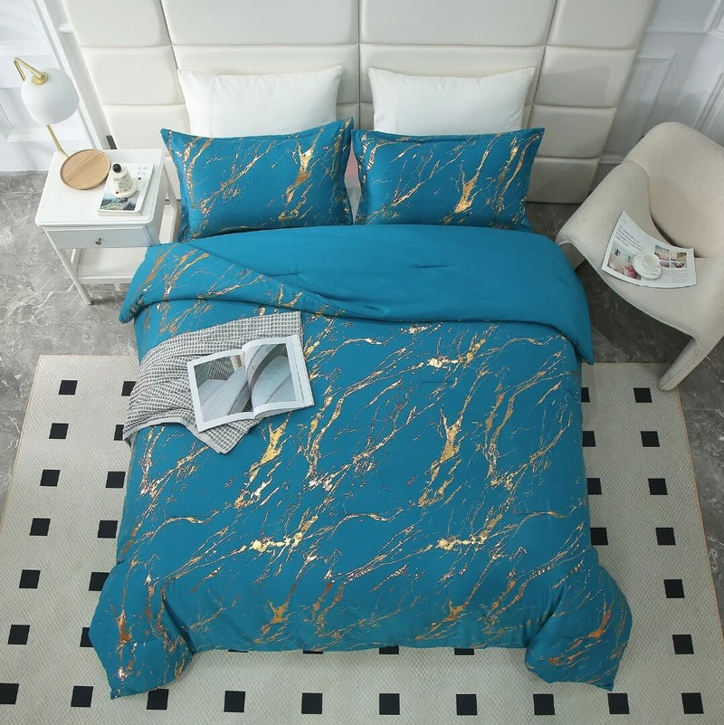 Blue & Gold Comforter Set-Quilt Set (3Pcs)