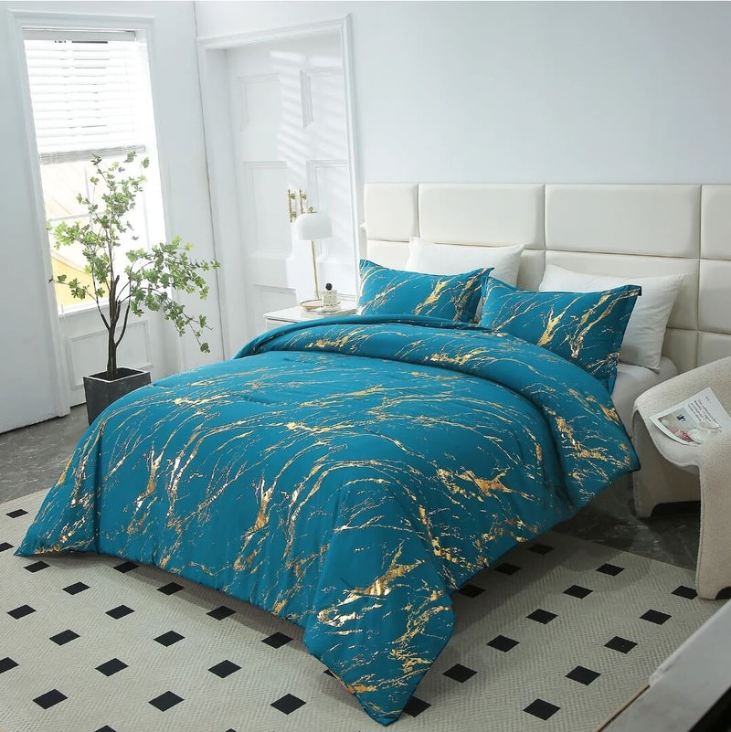 Blue & Gold Comforter Set-Quilt Set (3Pcs)