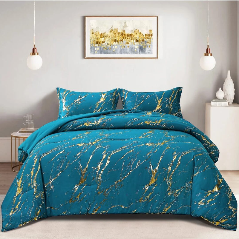 Blue & Gold Comforter Set-Quilt Set (3Pcs)