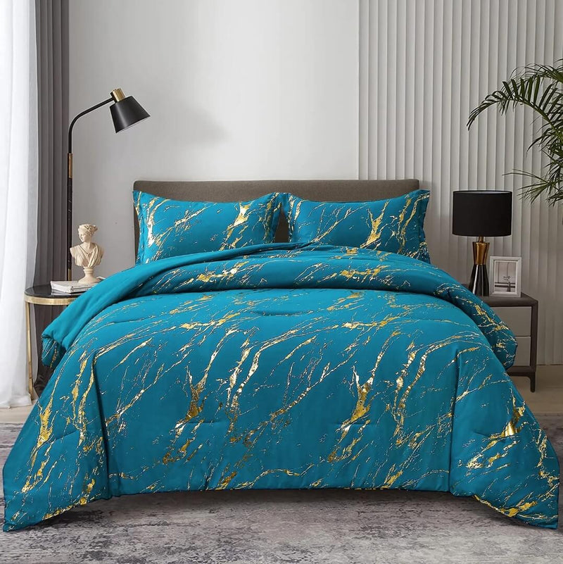 Blue & Gold Comforter Set-Quilt Set (3Pcs)