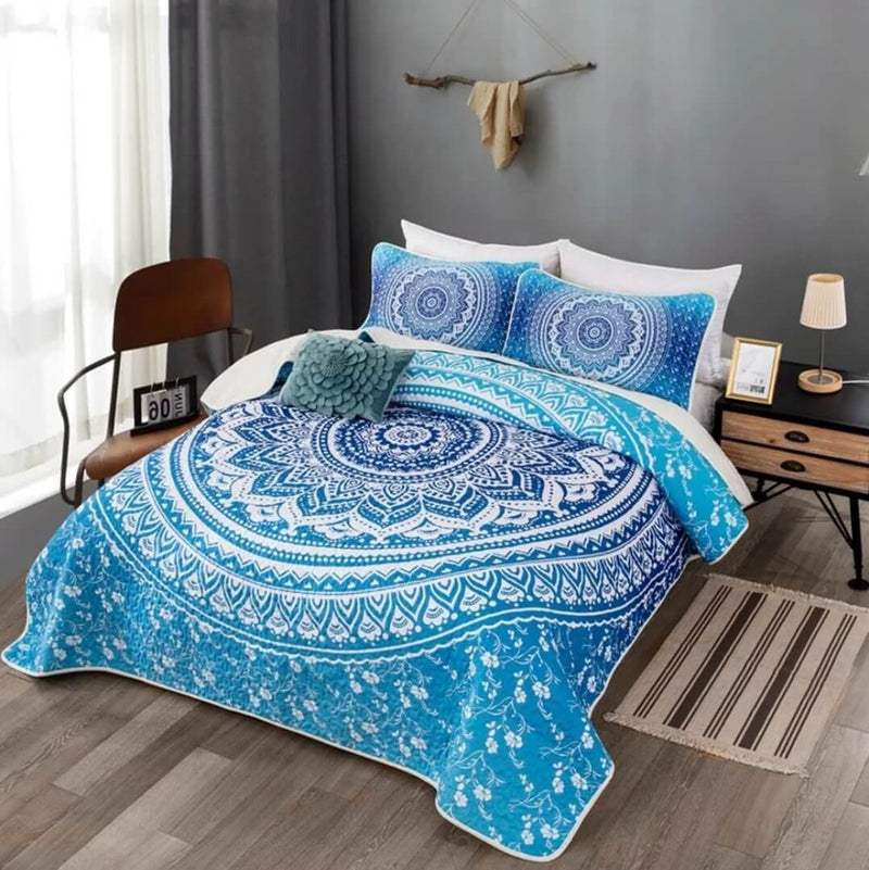 Blue Mandala Quilted Bedspread Coverlet Sets (3Pcs)