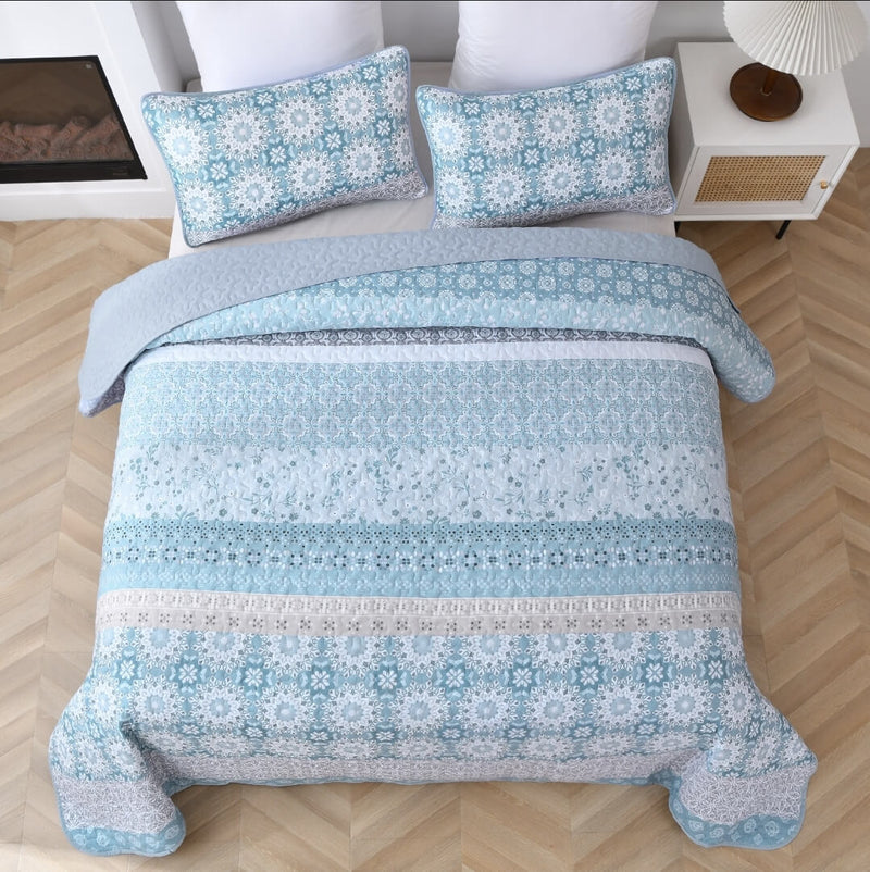 Blue Turkish Style Coverlet Set-Floral Quilted Bedspread Sets (3Pcs)