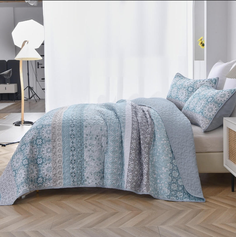 Blue Turkish Style Coverlet Set-Floral Quilted Bedspread Sets (3Pcs)