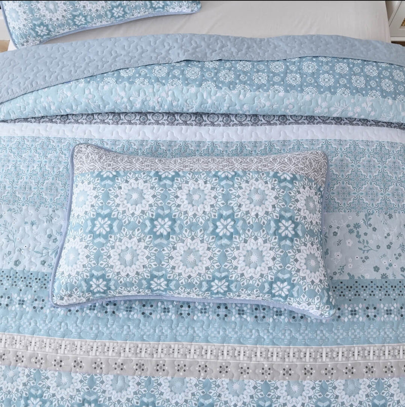 Blue Turkish Style Coverlet Set-Floral Quilted Bedspread Sets (3Pcs)