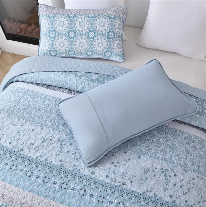 Blue Turkish Style Coverlet Set-Floral Quilted Bedspread Sets (3Pcs)