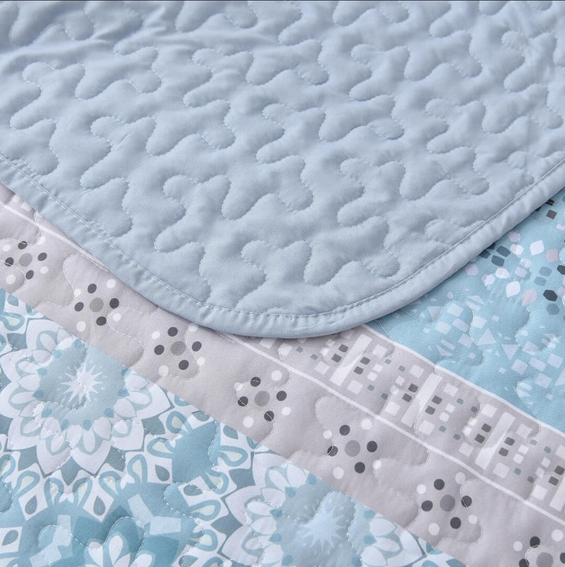 Blue Turkish Style Coverlet Set-Floral Quilted Bedspread Sets (3Pcs)