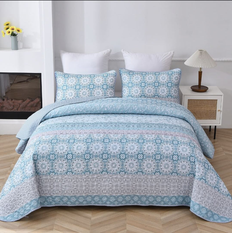 Blue Turkish Style Coverlet Set-Floral Quilted Bedspread Sets (3Pcs)