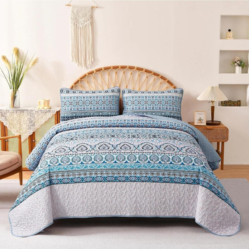 Blue INDIAN Mandala Coverlet Set-Quilted Bedspread Sets (3Pcs)