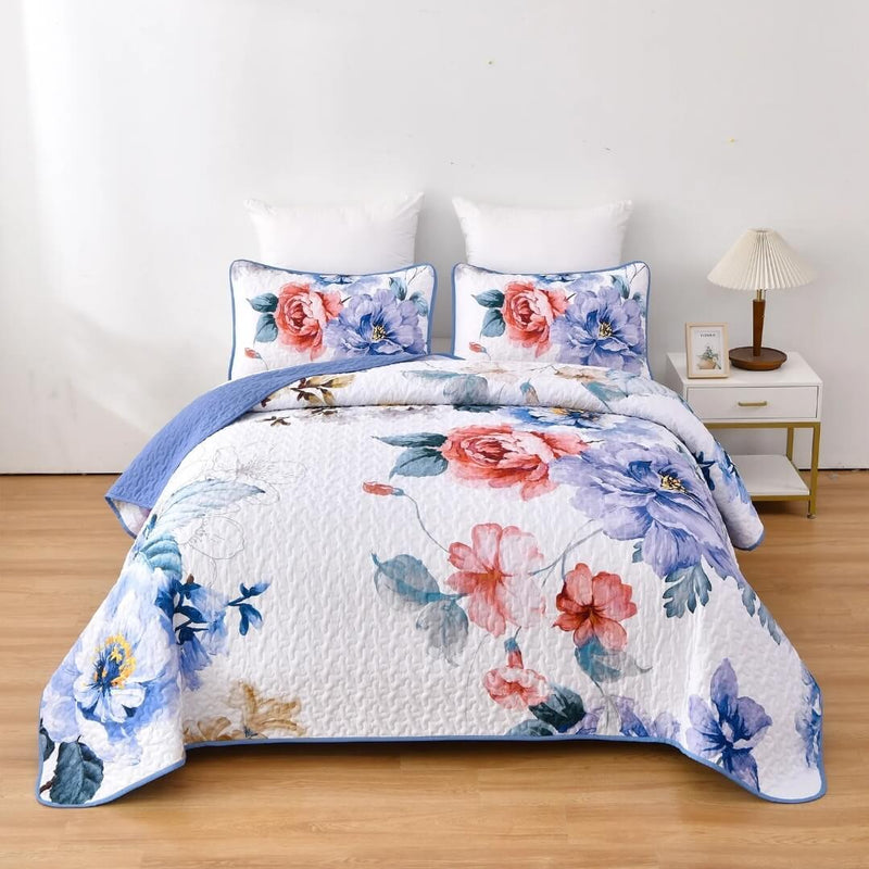 Blue Flower Quilted Bedspread Coverlet Sets (3Pcs)