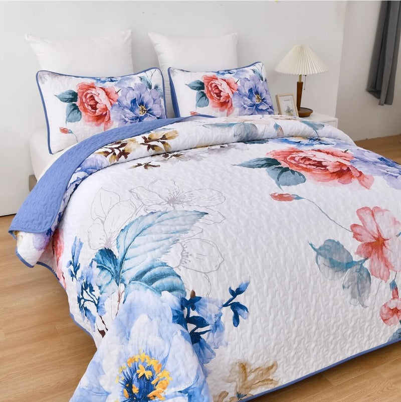 Blue Flower Quilted Bedspread Coverlet Sets (3Pcs)