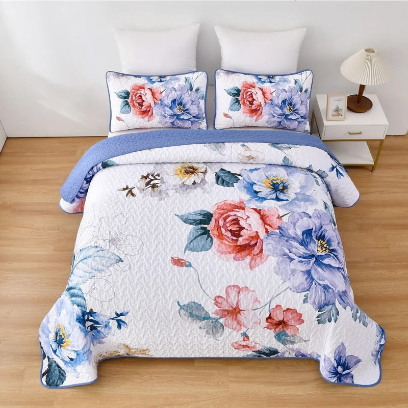 Blue Flower Quilted Bedspread Coverlet Sets (3Pcs)