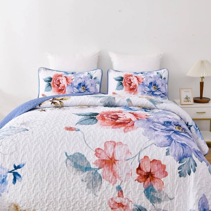 Blue Flower Quilted Bedspread Coverlet Sets (3Pcs)