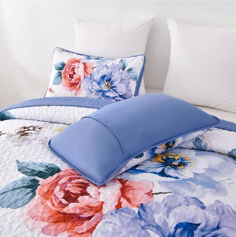 Blue Flower Quilted Bedspread Coverlet Sets (3Pcs)