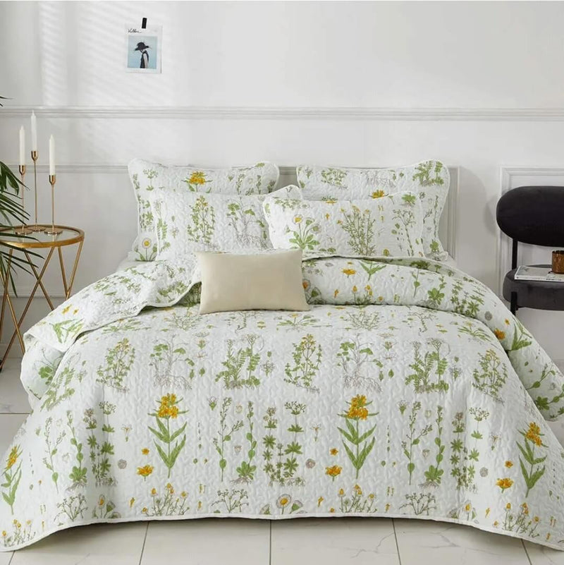 Green Floral Coverlet Set-Printed Quilted Bedspread Sets (3Pcs)
