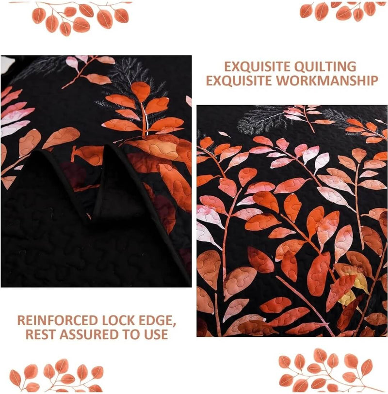 Black Base Orange Floral Quilted Bedspread Coverlet Sets (3Pcs)