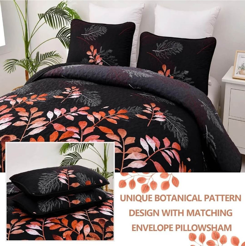 Black Base Orange Floral Quilted Bedspread Coverlet Sets (3Pcs)