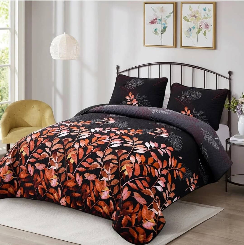 Black Base Orange Floral Quilted Bedspread Coverlet Sets (3Pcs)