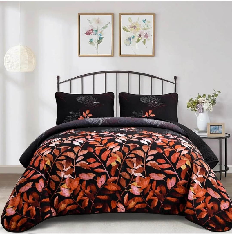 Black Base Orange Floral Quilted Bedspread Coverlet Sets (3Pcs)