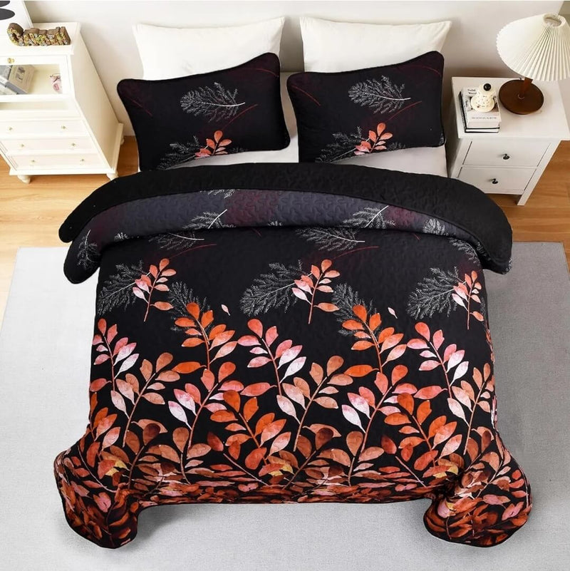 Black Base Orange Floral Quilted Bedspread Coverlet Sets (3Pcs)